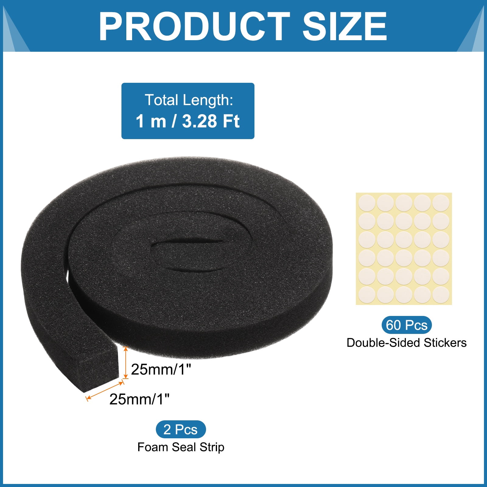 2 Set 3.28ft Foam Seal Strip, 1 Inch Width x 1 Inch Thick Weather Stripping Foam Insulation Tapes, EVE Air Conditioner Open Cell Foam Seal Tape for Doors, Windows, Black