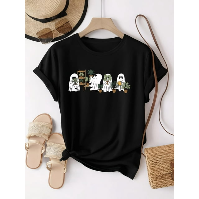 Women'S Halloween Ghosts & Plants Graphic T-Shirt - Soft Stretchy Casual Short Sleeve Tee with Spooky Cartoon Design, Perfect for Halloween, Travel & Casual attire, Halloween Clothing