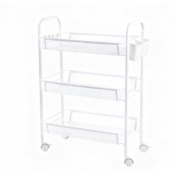 Yucurem 3-Tier Metal Rolling Storage Cart Shelves, Utility Cart Organizer Cart with 4 Hook & 2 Hanging Buckets, Movable Storage Organizer for Kitchen, Office & Home (White)