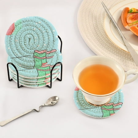 

Winter Style Set of 6 Durable Woven Polyester Coasters with Black Storage Rack 4in