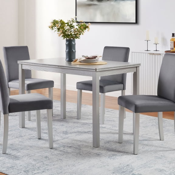 MAYEERTY 5-Piece Wooden Dining Table Set with 4 Upholstered Chairs for Kitchen Dining Room, Silver Grey