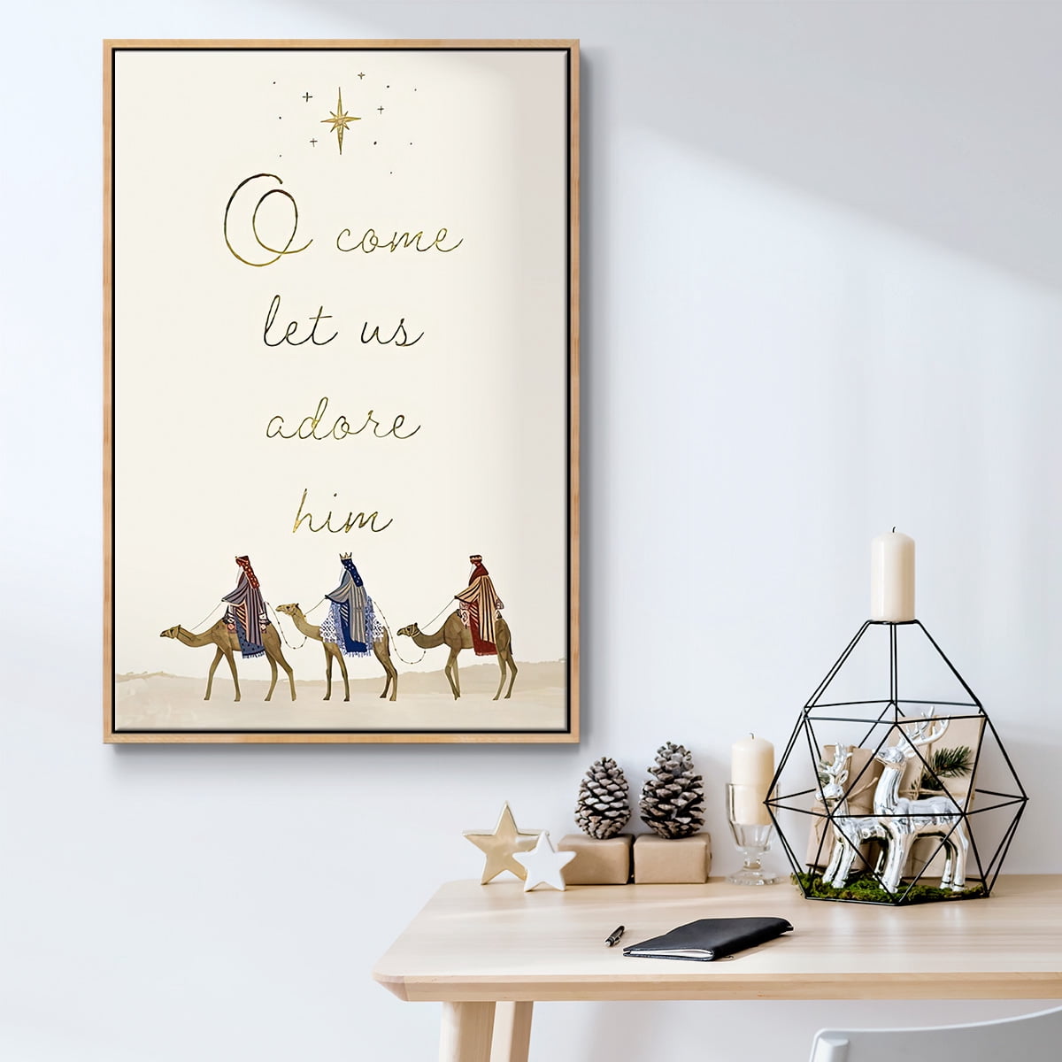 Away in a Manger Collection B - Framed Gallery Wrapped Holiday Canvas - 17 x 25 - Natural Wood Frame