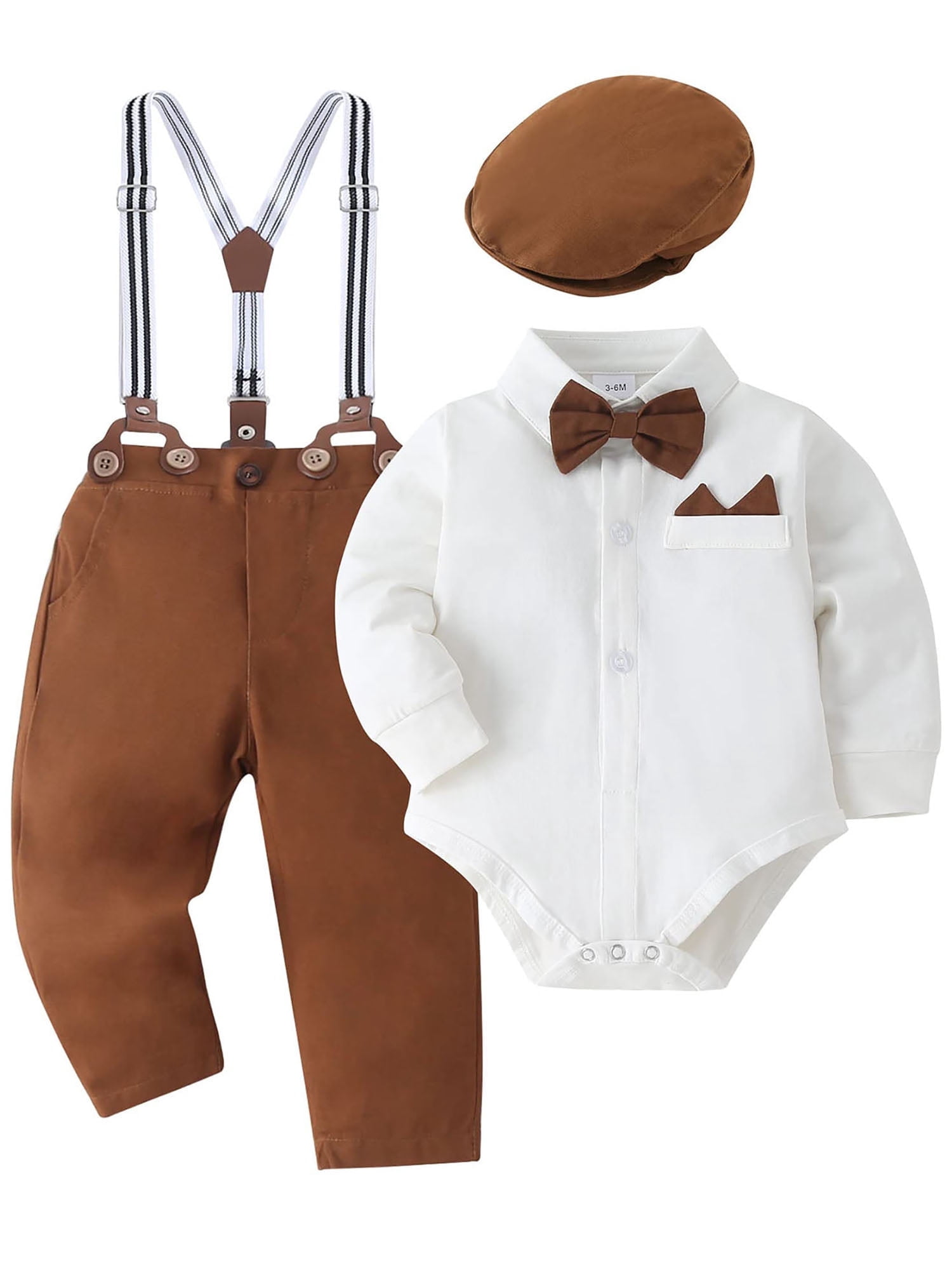 CARETOO Baby Boy Clothes Infant Formal Outfit Suit Shirt Hat Suspender Pants Bowtie 0-18M Cotton Fabric 4pcs Church Wedding Baptism Suit
