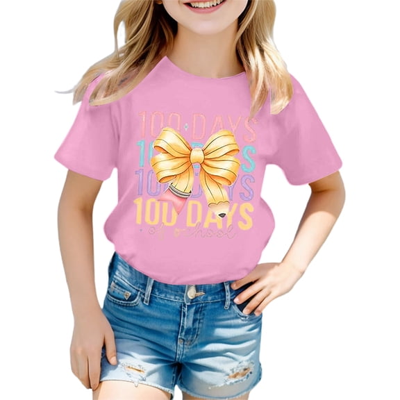 lnmuld Girls Cute Tops Graphic Print Short Sleeve Tee Soft Casual Round Neck Top for School Season Everyday Wear Size:6-7 Years