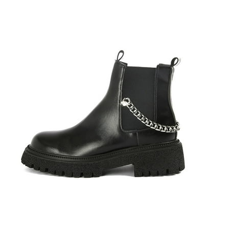 

Women‘s Solid Color Metal Chain Decor Short Boots Round Toe PU Leather Platform Boots Women‘s Footwear