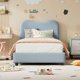 thumbnail image 3 of Tamaño individual marco de cama niños velvet forrado cabecero cute low-profile cama de plataforma girls y boys no necesita colchón base strong de madera slats noise-free fácil montaje blue, 3 of 7