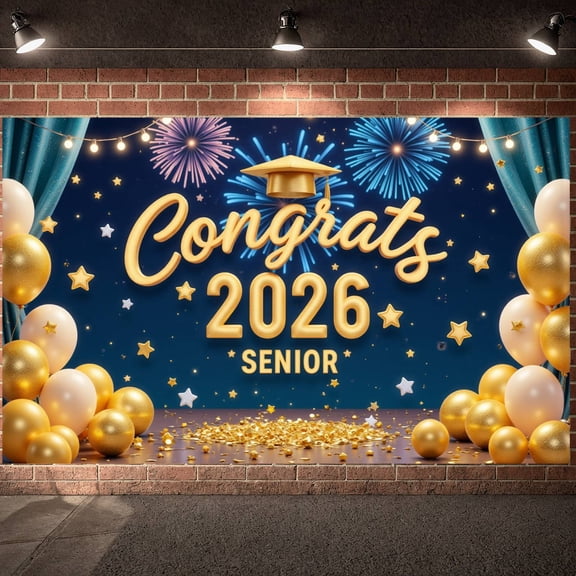 Gold Theme Graduation Banner Blue Background Senior 2026 Banner Firework Design Star Decor Congrats Backdrop for Graduation Party Senior Ceremony Photo Shoot