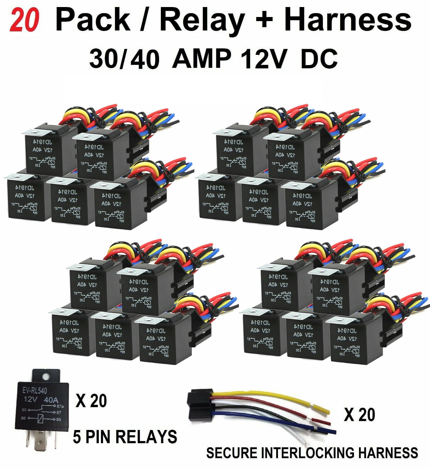 20X JD1914 Car Automotive Relay 12V 30A 40A 5Pin 5Wires w 20X JD1914 Car Automotive Relay 12V 30A 40A 5Pin 5Wires w