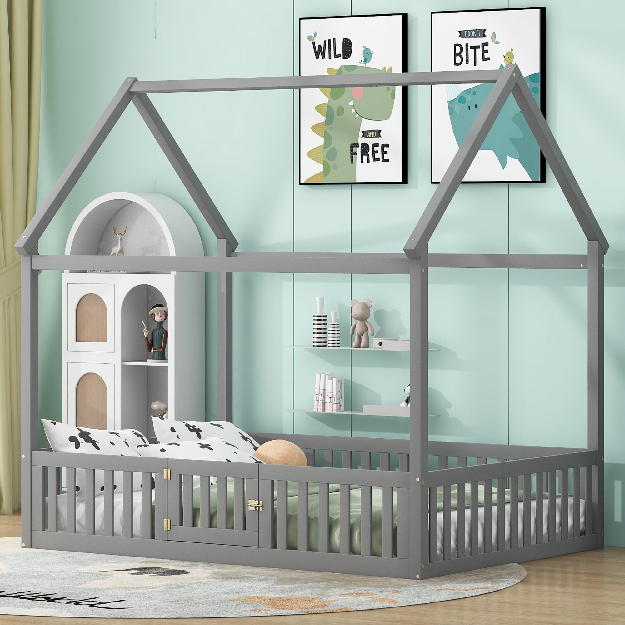 Harper & Bright Designs Full Size Floor House Bed, Wood Montessori Bed with Fence & Door, Full House Bed with Roof for Girls & Boys, Gray