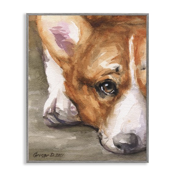 Stupell Industries Rustic Lodge Pleasant Corgi Puppy Dog Gazing Lying Down Gray Framed Giclee Art, 16 x 20, by George Dyachenko