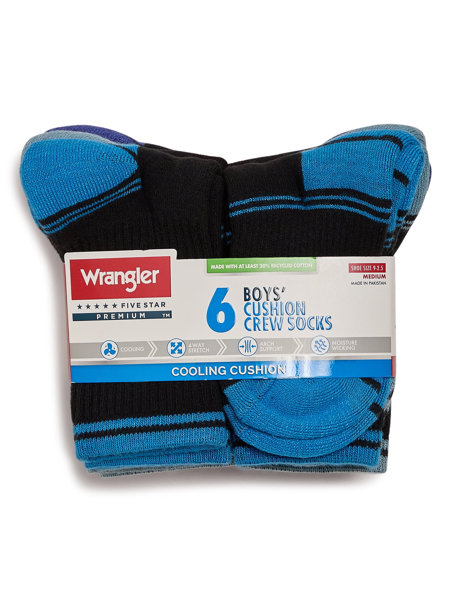 Wrangler Boys' Essentials Cool Comfort Crew Socks, Assorted Cushioned Socks for Kids, Medium, 6-Pack