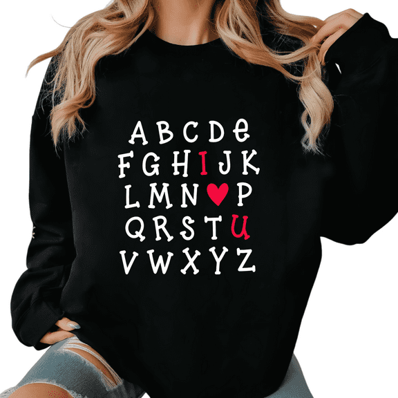 I Love You Alphabet Graphic Sweatshirt Valentine's Day Crewneck Print Sweatshirt Black S-3XL Tops Round-neck pure cotton sweatshirt