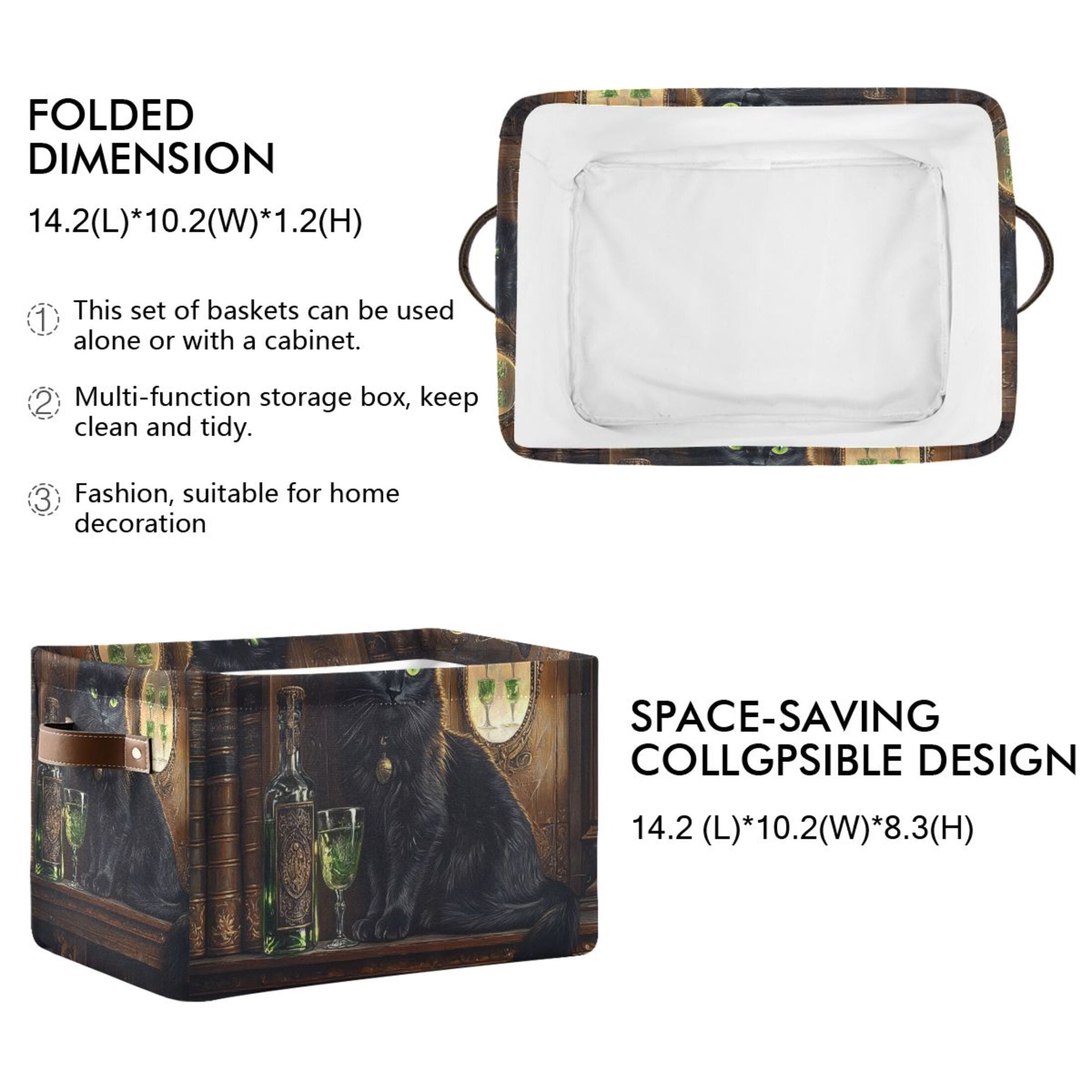 WOBOGO Black Cat with Absinthe Square Storage Basket with Waterproof Canvas and PE Lining Durable PU Leather Handles 14.2×10.2×8.3in