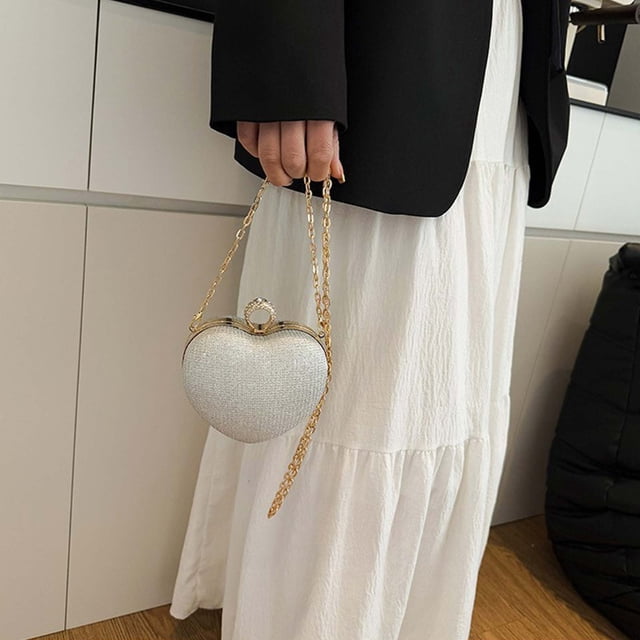 Heart Shaped Evening Clutch Bag For Women Chain Shoulder Handbag Rhinestone Party Purse Compact Formal Bag For Wedding Prom Dinner Event Stylish Mini Crossbody Handbag Black Gold Silver