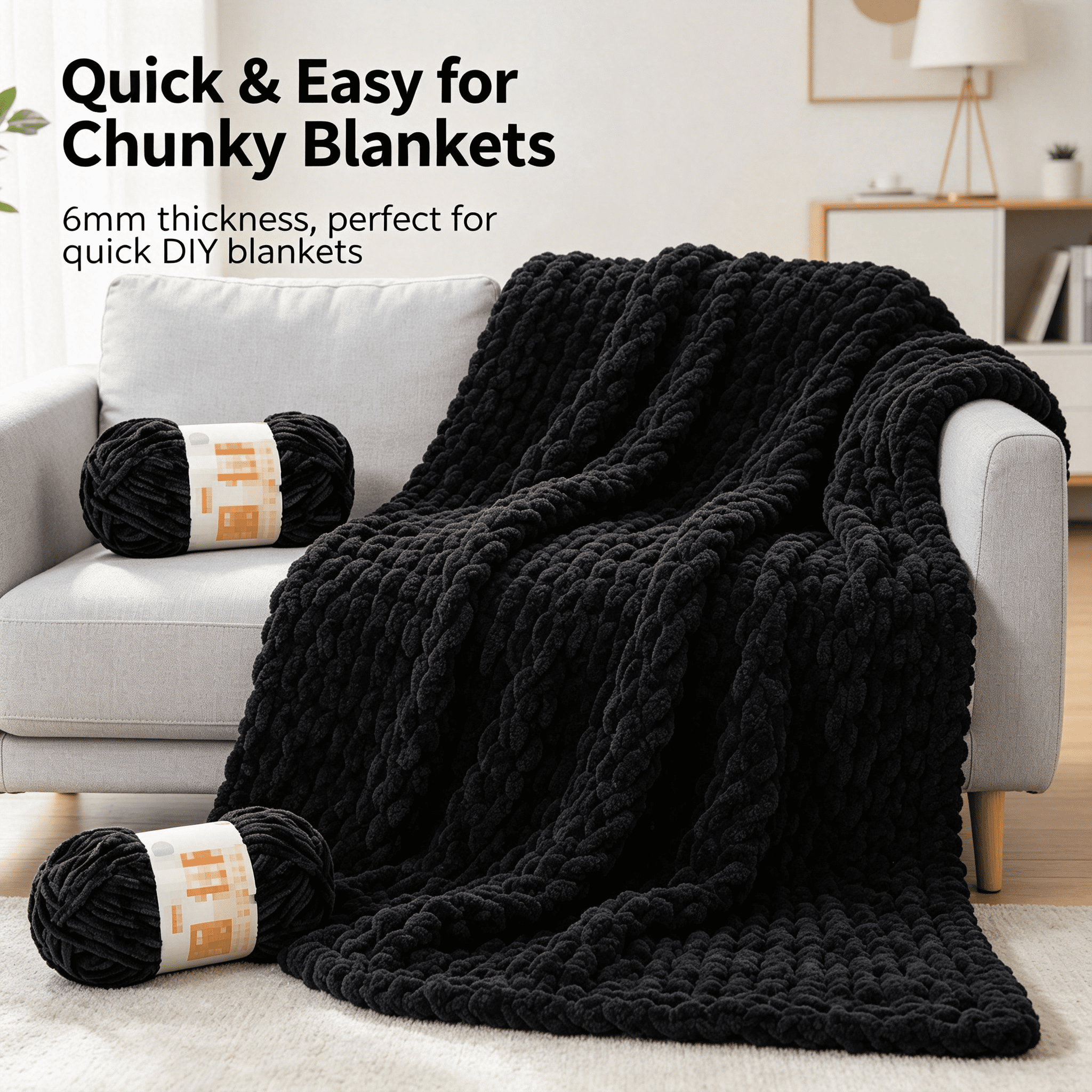 PALINO 2026 New 2Pcs Chunky Yarn Soft and Non - Shedding Chenille Yarn Versatile Craft Use Blanket Yarn for Knitting Crochet Weaving Black