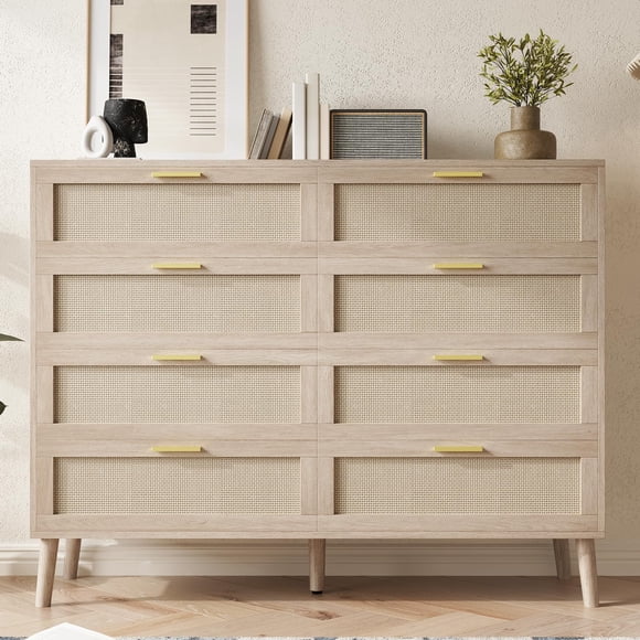 Yiwa Farmhouse Rattan Dresser, 8 Drawers, Wood Chest with Gold Handles, Oak Finish
