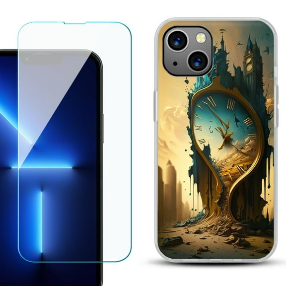 Slim-Fit TPU Phone Case for iPhone 14, with Tempered Glass Screen Protector, by OneToughShield ® - Melting Clock
