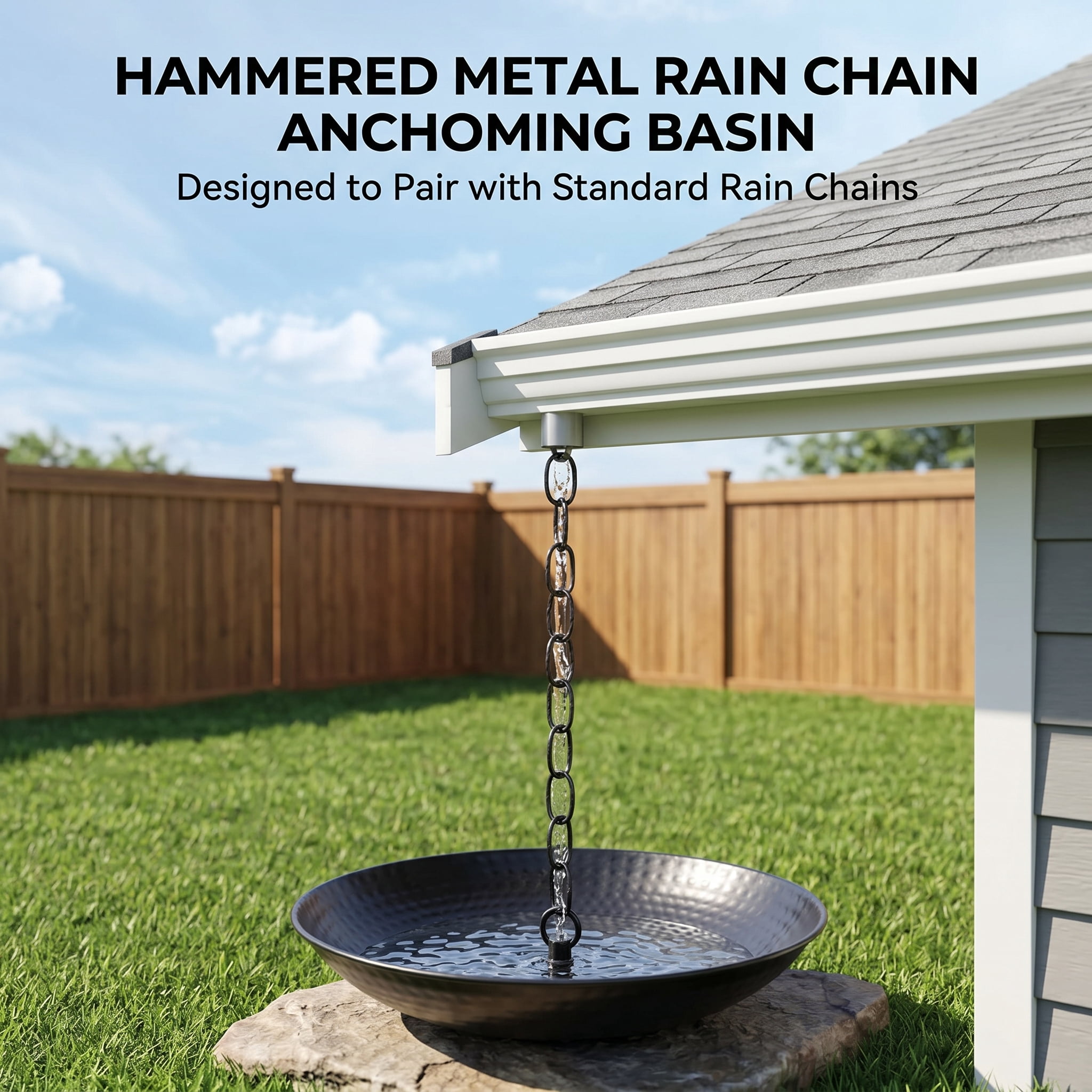 Topadorn Matte Black Hammered Metal Rain Chain Basin, 10.7 Inch Decorative Catch Bowl with Hanging Chain, Outdoor Gutter Water Diverter for Garden & Patio