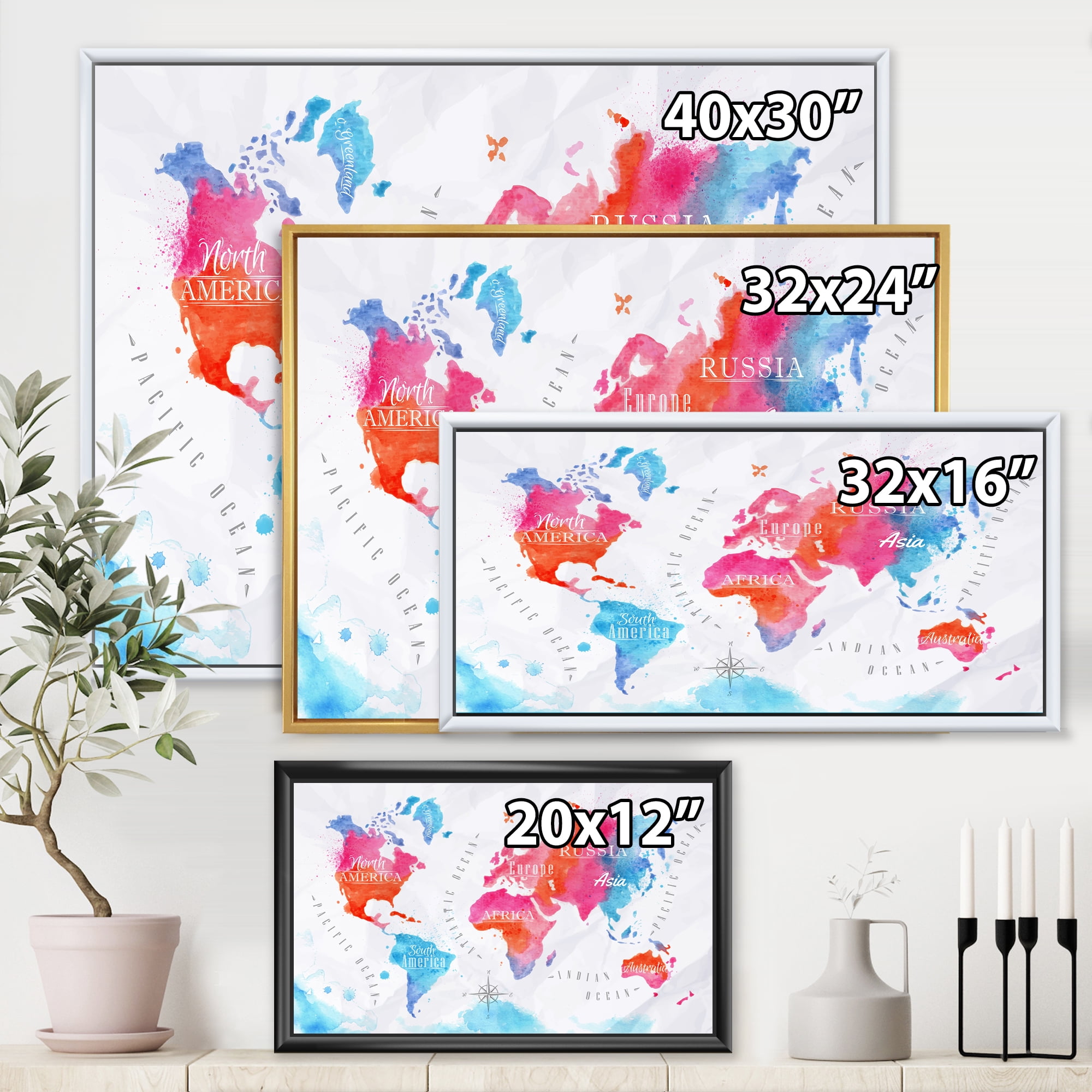 Designart 'World Map In Blue and Pink' Modern Framed Canvas Wall Art Print