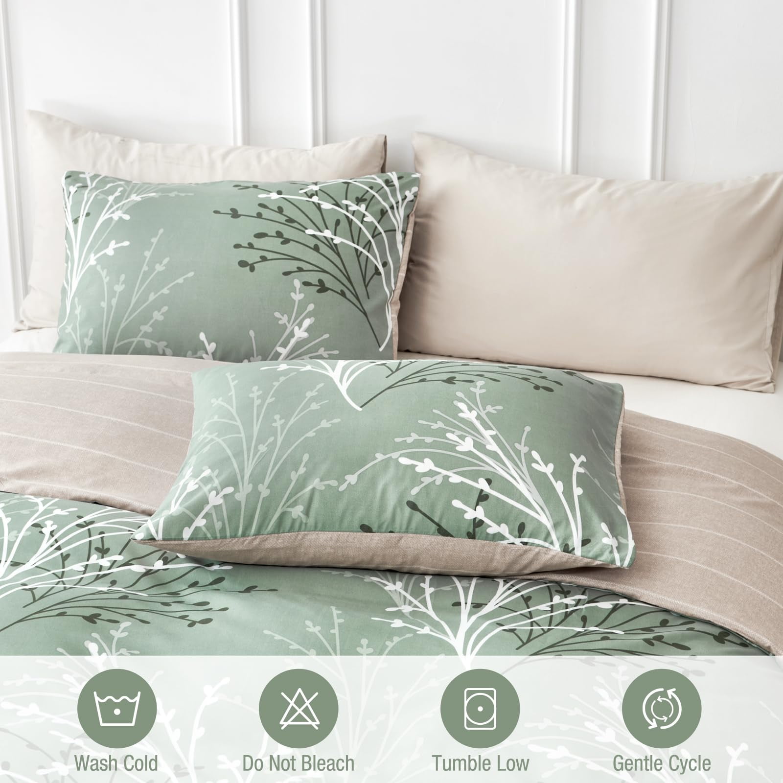 Leke Green Duvet Cover Queen Size, Reversible Floral Queen Comforter Cover with Branch Pattern, Soft 100% Washed Microfiber 3 Pieces Green Bedding Set with Zipper and 2 Pillowcases 20"x26"