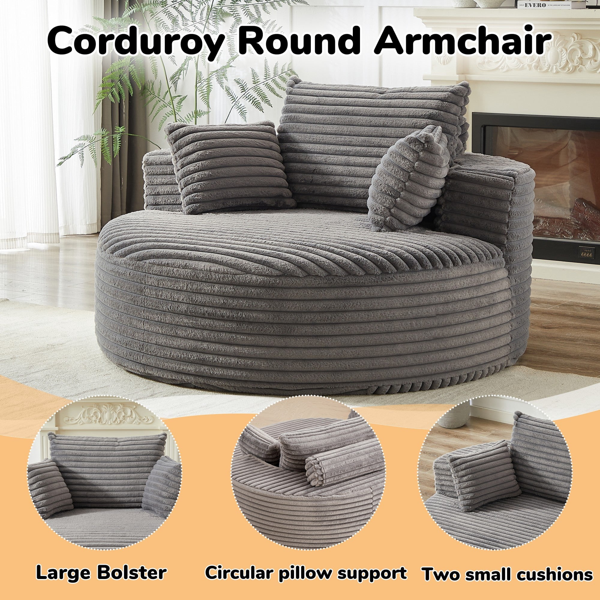 Sailvan 55" Modern Corduroy Single Seater Lounge Chair, Modular Cloud Sofa with Enveloping Pillows, No Assembly Lazy Chair for Living Room Grey