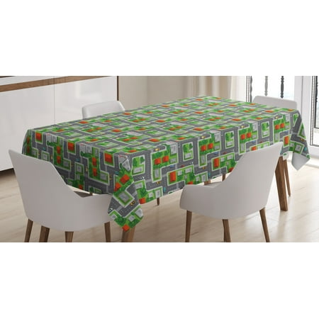 Kid's Car Race Track Roadway Activity Tablecloth, Suburb View with Houses Gardens and Trees Cartoon, Rectangular Table Cover for Dining Room Kitchen, 60 X 90 Inches, Multicolor, by (Best House Tracks Of The 90s)