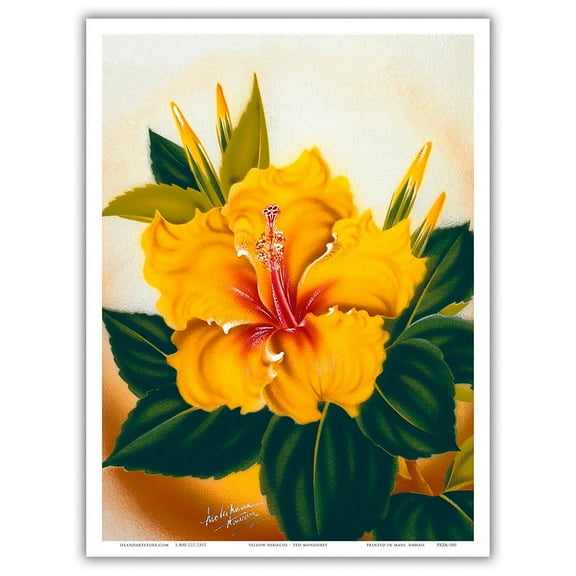 Yellow Hibiscus Flower - Hawai’i - Vintage Hawaiian Airbrush Art by Ted Mundorff c.1940s - Master Art Print (Unframed) 9in x 12in