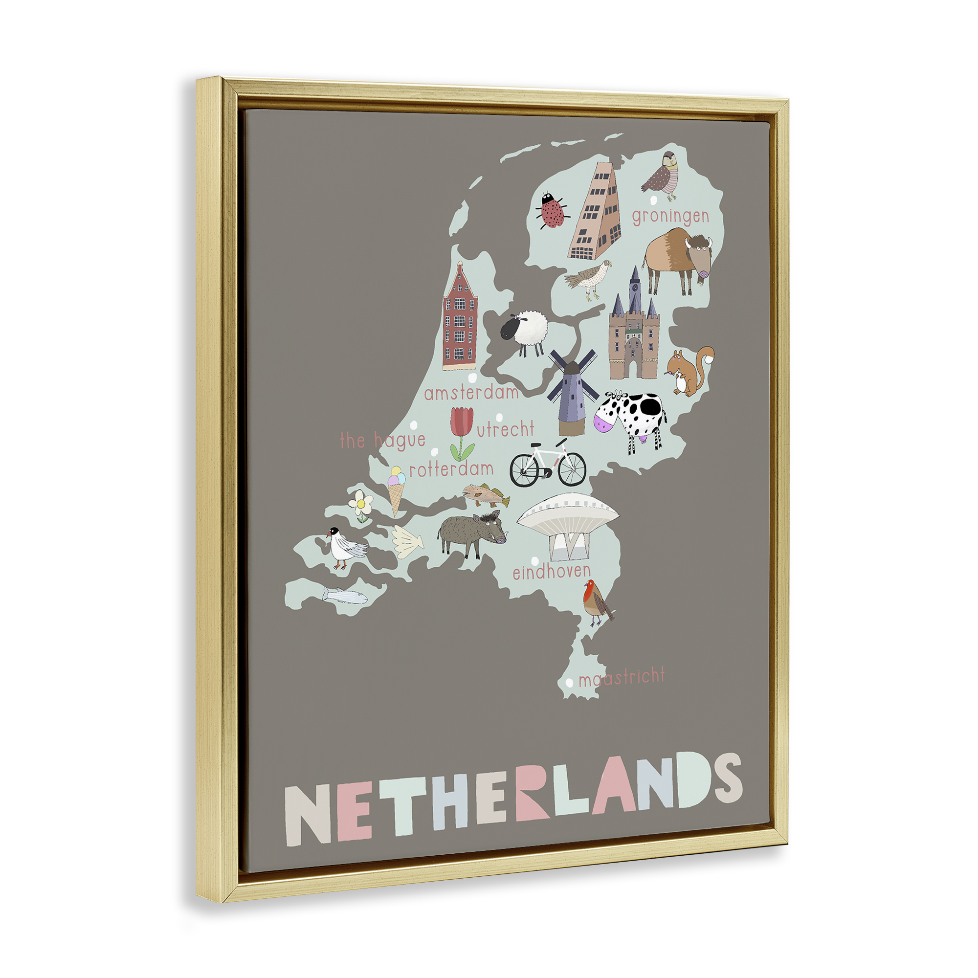 Kid's Map of Netherlands Gold Framed Floater Canvas Wall Art, design by Carla Daly
