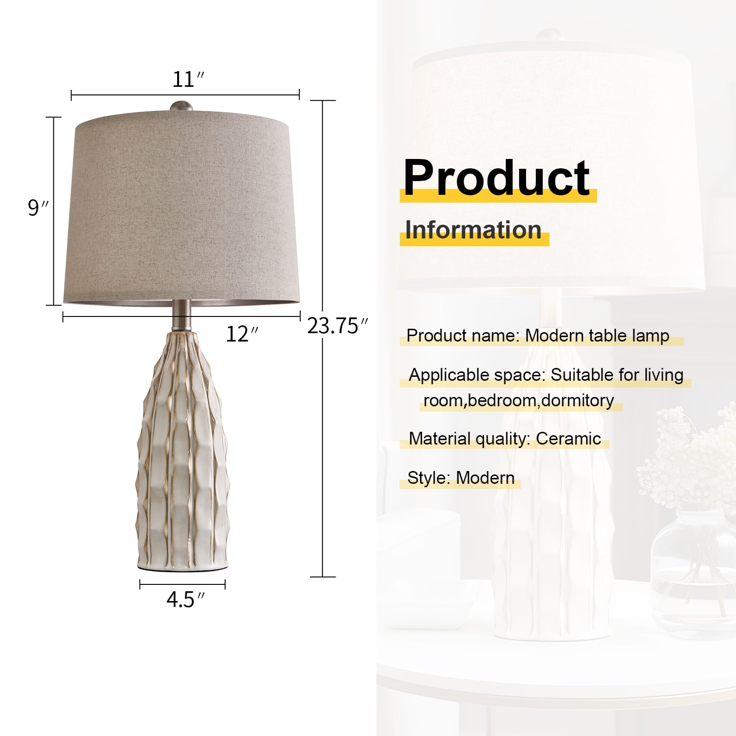 Oneach Ceramic Table Lamps Set of 2 for Living Room Bedroom 23.75" Modern Bedside Nightstand Lamps