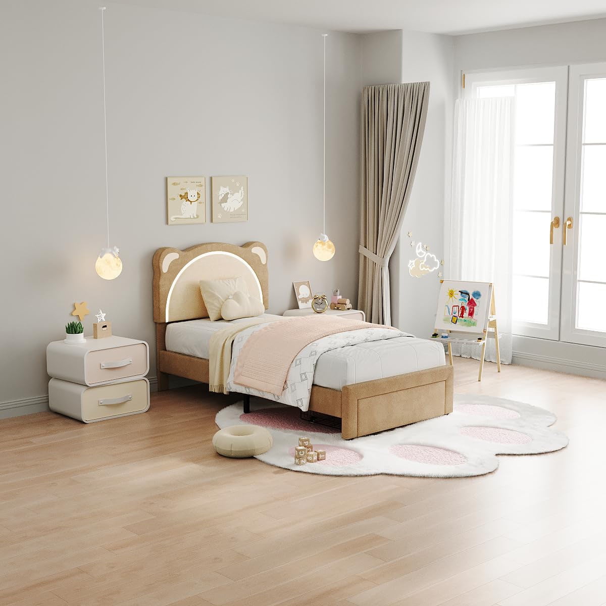 Danolapsi Twin Size Bed Frame, Upholstered Platform Bed Frame with Adjustable Headboard & Led Light, Wooden Slats Support, No Box Spring Needed
