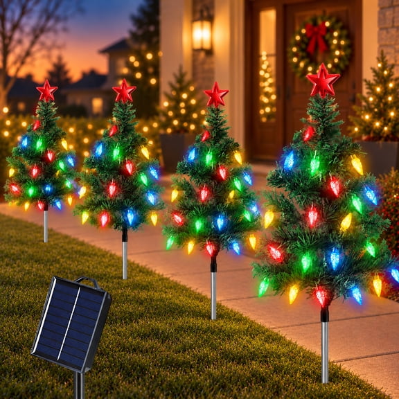 PUCACHI Solar Christmas Tree Outdoor 4 Pack, 8 Modes Solar Xmas Tree Lights with 80 Strawberry Multicolor Lights, IP65 Waterproof, for Porch Pathway Yard Garden Lawn