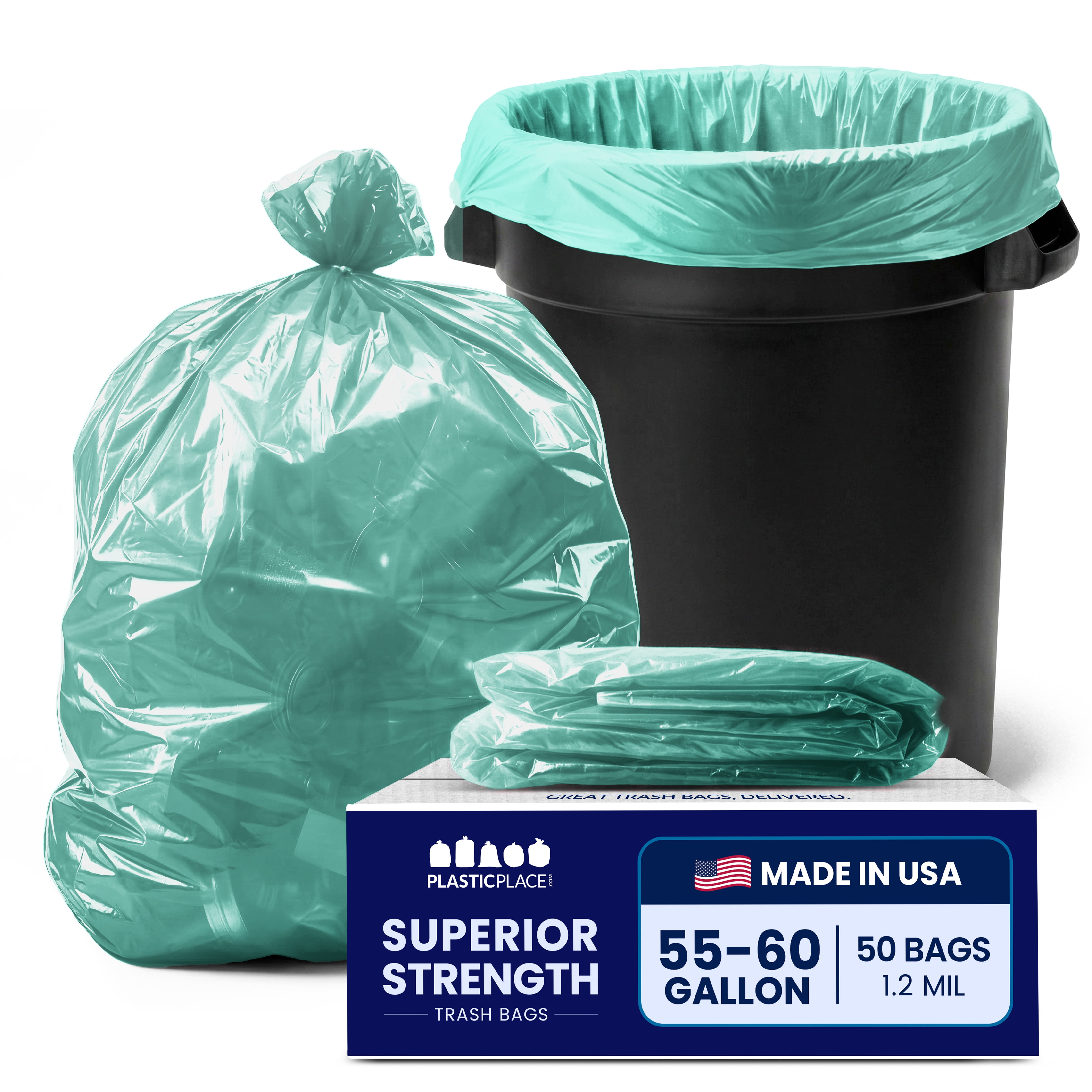 Plasticplace 55-60 Gallon Trash Bags │ 1.2 Mil │ Green Heavy Duty Garbage Can Liners │ 38” x 58” (50 Count)