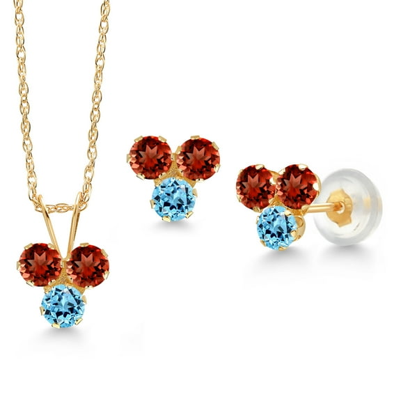 Gem Stone King 14K Yellow Gold Red Garnet and Swiss Blue Topaz 3 Stone Pendant and Earrings Jewelry Set for Women (1.35 Cttw, Round 3MM, with 18 inch Chain)