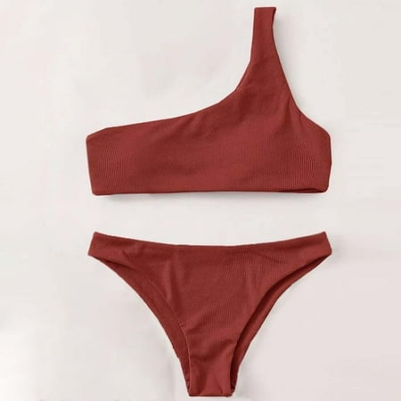 Jjayotai No Boundaries Women s Ribbed Bikini Sets  One Shoulder Top with Mid Waist Thong Bikini Briefs  Two Piece Bathing Suit for Women  Womens Swimsuits 2025 Coffee~ XL