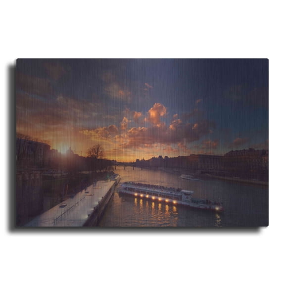 Luxe Metal Art 'Bateaux Mouches Sunset' by Sebastien Lory, Metal Wall Art, 24"x16"