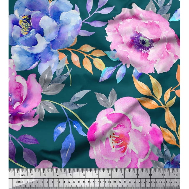 Soimoi Blue Poly Georgette Fabric Leaves & Floral Decor Fabric Printed BTY 42 Inch Wide