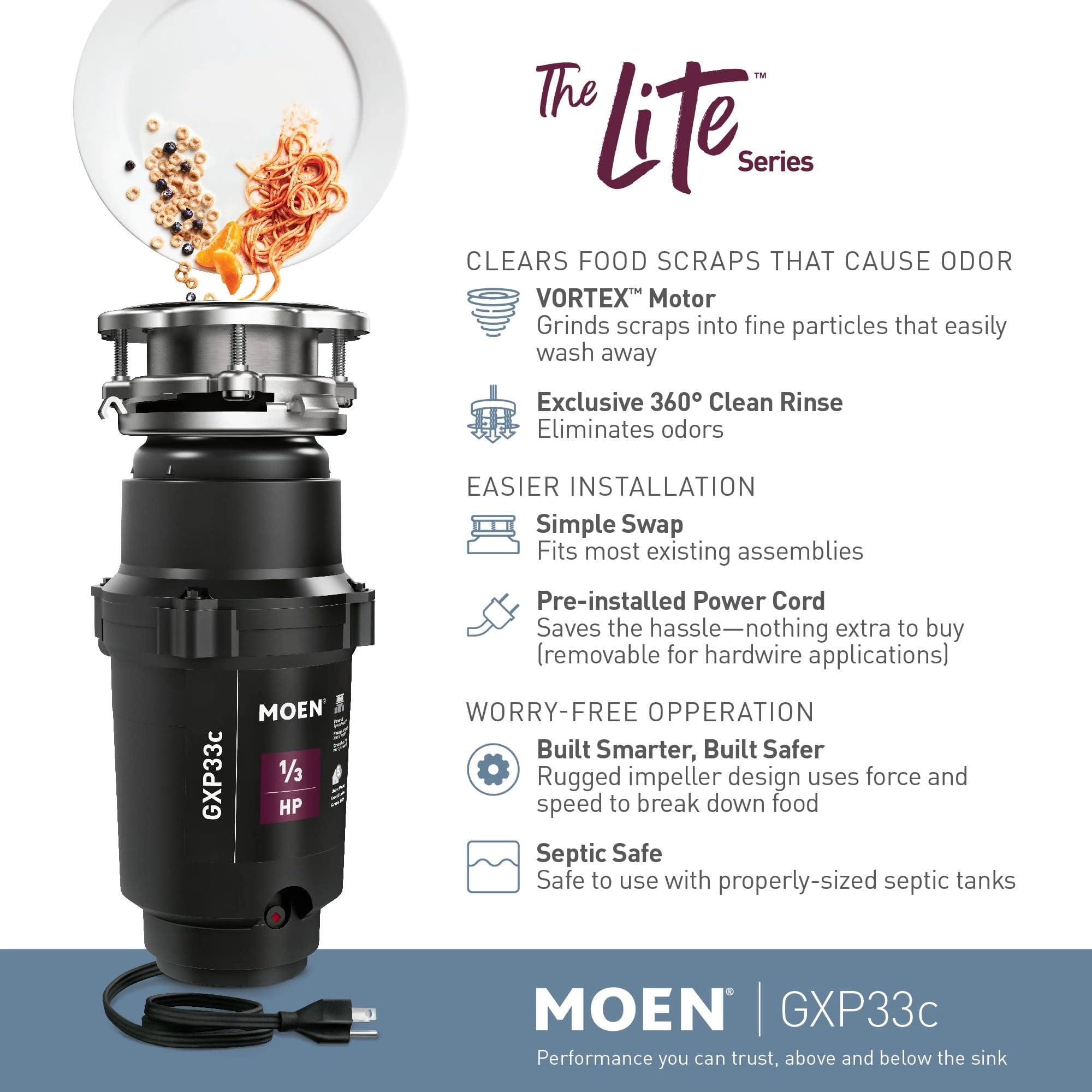 Moen Lite Series PRO 1/3 HP Continuous Feed Garbage Disposal, GXP33C