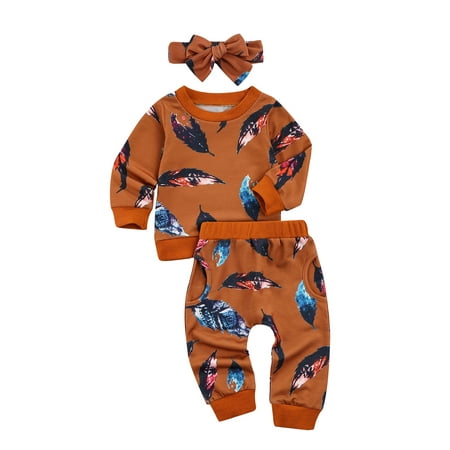 

Seyurigaoka Baby Feather Print Clothes Set O-neck Tops+Long Pants+Headband