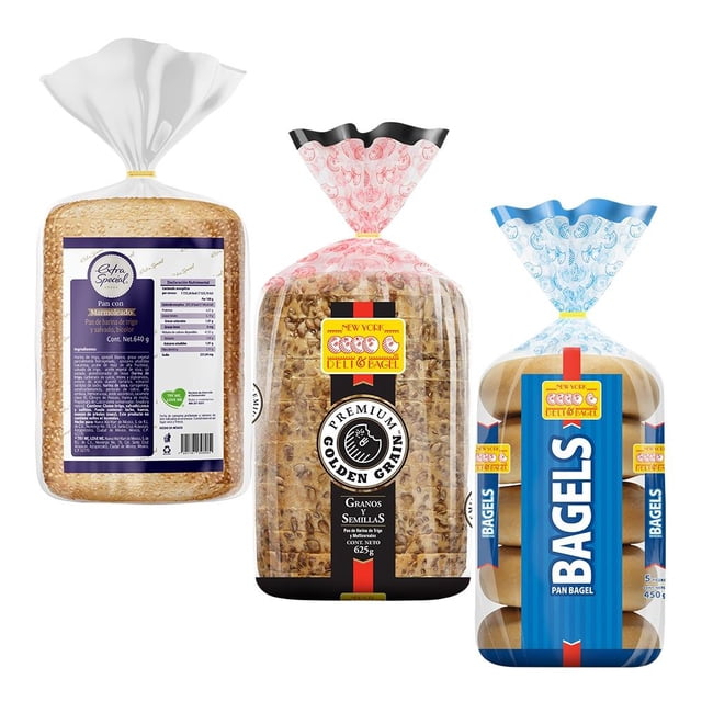 Paquete Despensa New York Deli & Bagel Pan de Caja Bagels y Europeo 3 Piezas: Granos y semillas, Plain, Marmoleado