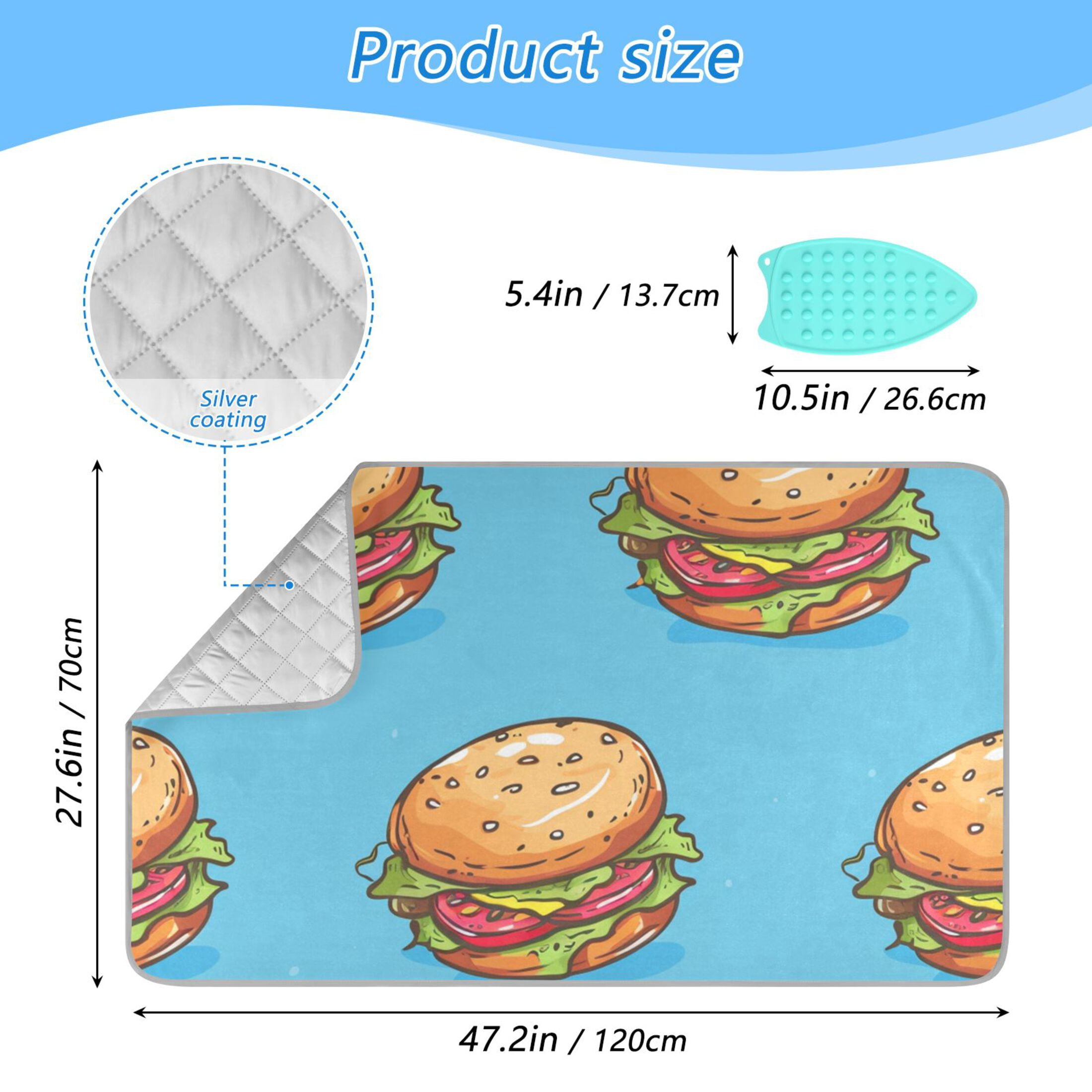 Cute Cartoon Hand Drawn Hamburgers Ironing Mat Blanket Portable Travel Ironing Pad Heat Resistant Pad 47.2" x 27.6”
