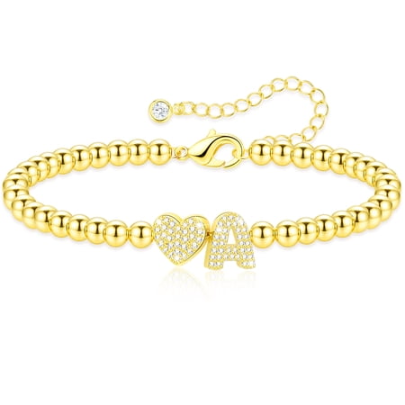 APSVO 18K Gold Plated Love Heart Initial Bracelet for Women Girls CZ Letter A Beaded Bracelet Birthday Graduation Jewelry Gifts Teen Mom Her Adults Wife Kids Age Ideas