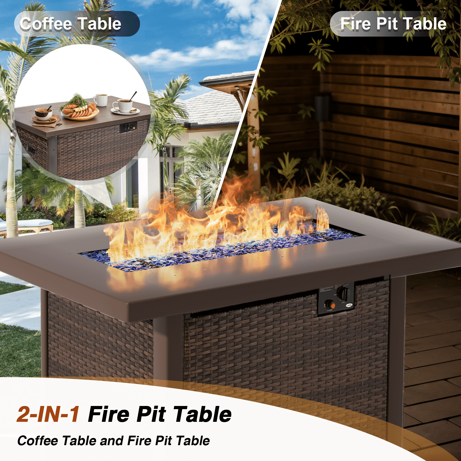 Gaildon 11 Piece Patio Furniture Set with Fire Pit Table, All Weather Outdoor Sectional PE Rattan, Patio Conversation Sets with Cushions and Glass Coffee Table for Garden Lawn Balcony Porch Deck