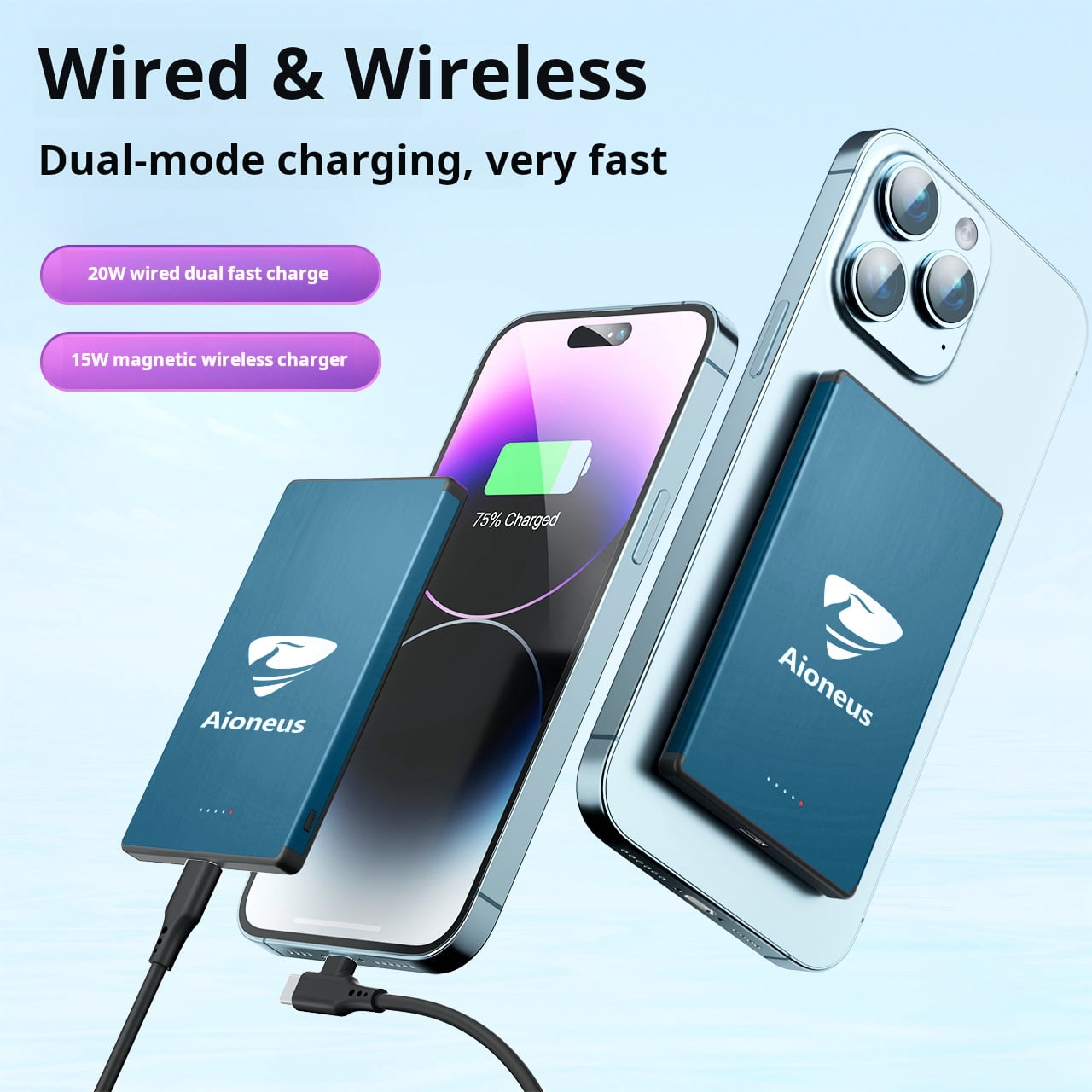 Aioneus Wireless Portable Charger 0.27 inch Ultra-Thin MagSafe Power Bank 5000mAh Magnetic Battery Pack for iPhone, Samsung, Blue