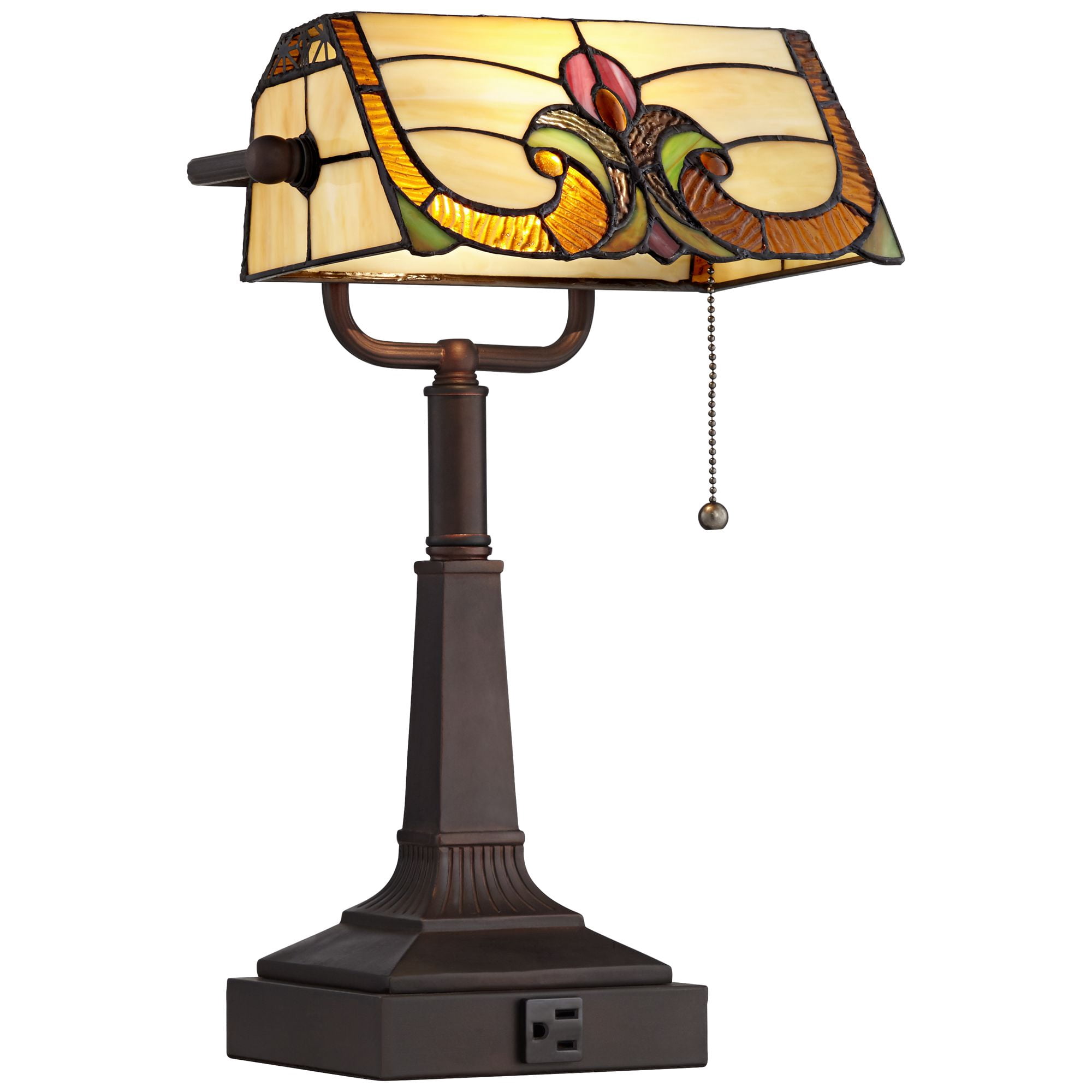 Robert Louis Tiffany Traditional Piano Banker Desk Table Lamp 17" High with AC Power Outlet Bronze Floral Art Glass Bedroom Office