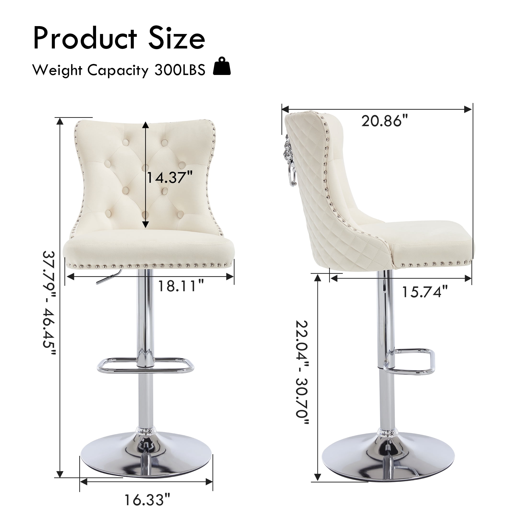 Velvet Bar Stools Set of 4 Modern Counter Height Bar Stools with Lion Pull Ring Tufted Back, Nailhead Upholstered Barstools for Home Kitchen Island, Swivel Adjustable Stool Chair in Cream