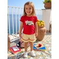 thumbnail image 5 of RUINIXCW Toddler Baby Girl Back to School Outfits Kids Girls Kindergarten Summer Clothes First Day of School Outfit Bow Bus Embroidery Short Sleeve T Shirt Tops and Striped Shorts Set, 5 of 9