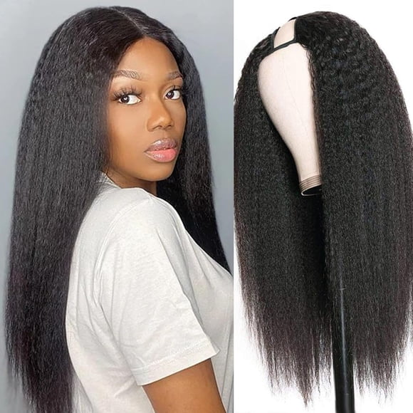 Woeilo U Part Wig Kinky Straight Upart Wig for Black Women Long Black Wig Yaki u/v part wig Synthetic Glueless Upgrade U-Part Wig Black Half Wig for Daily Use one black