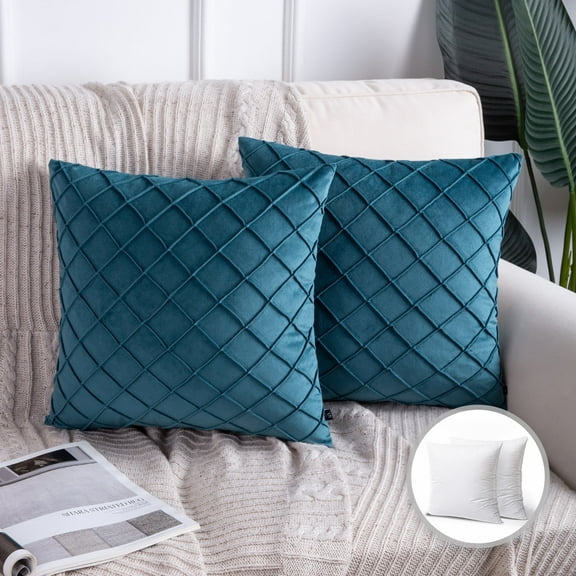 Phantoscope Pleated Velvet Pillow Covers, 18x18 Inch Set of 2, Square Decorative Throw Pillow Cases for Couch & Bed, Luxury Soft Cushion Covers, Lake Blue