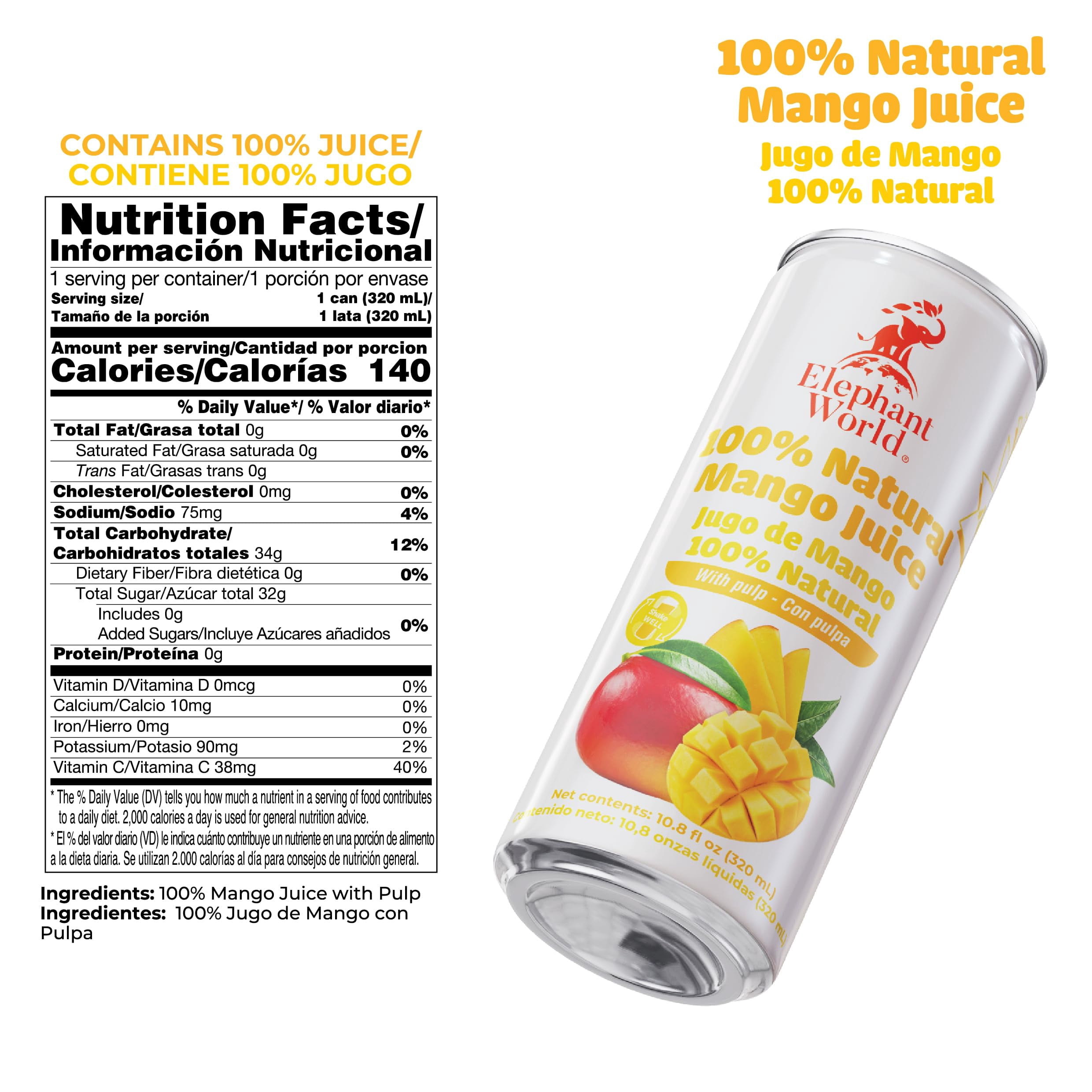 Elephant World 100% Natural Mango Juice Canned | NON GMO | 10.8 oz (Pack of 12), Mango
