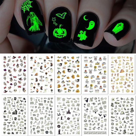TailaiMei 10 hojas de pegatinas de uñas de Halloween que brillan en la oscuridad, diseño fluorescente, pegatinas de uñas para niños, autoadhesivas, puntas de arte de uñas para mujeres, manicura